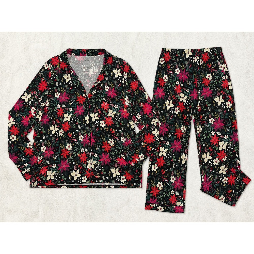 Little Sleepies Women Poinsettia Bamboo Pajama Set XXL Black Floral Christmas